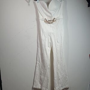 Fashion Nova White and Gold Jumpsuit with Flared Legs